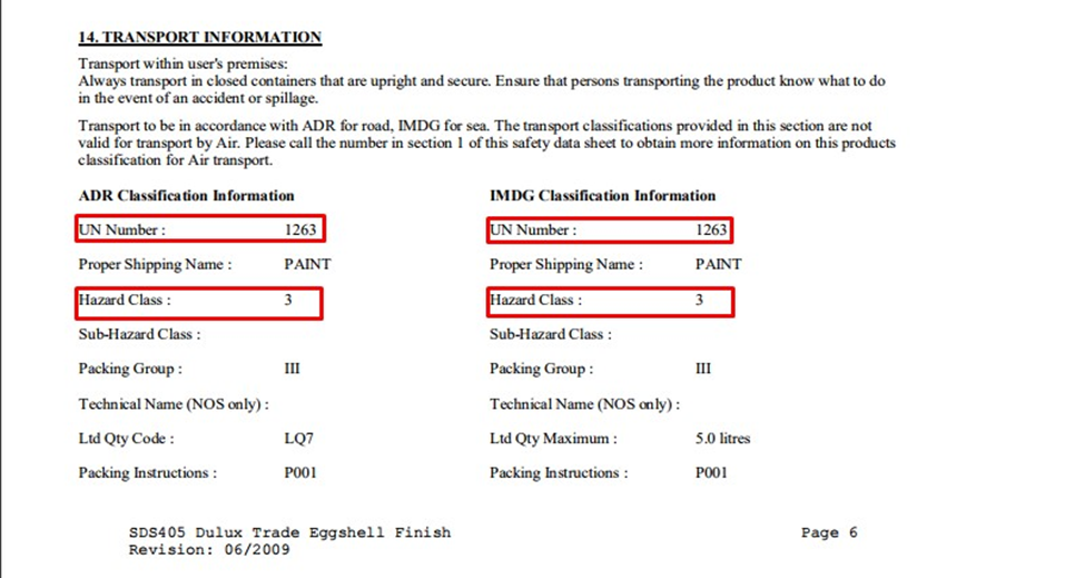 Transport information for a 5l tin of Dulux Trade: Eggshell paint